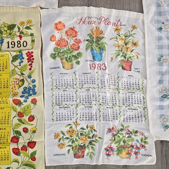 Vintage Decorative Calendar Tea Towels 1979-1983 Lot Of 7 Mixed Design Cotton Li - Picture 3 of 9